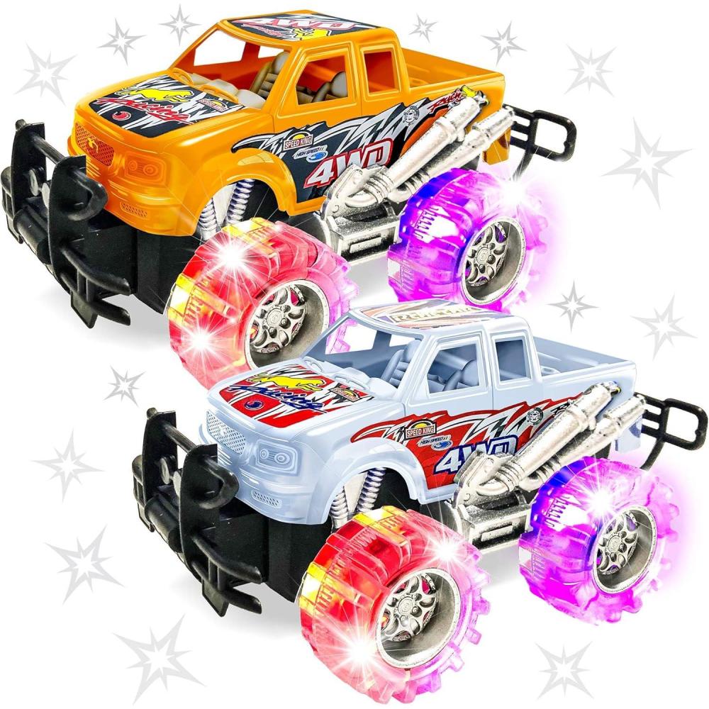 imageArtCreativity Pink and Green Light Up Monster Truck Set for Boys and Girls Set Includes 2 6 Inch Monster Trucks with Beautiful Flashing LED Tires Push n Go Toy Cars Best Gift for Kids for Ages 3Orange White