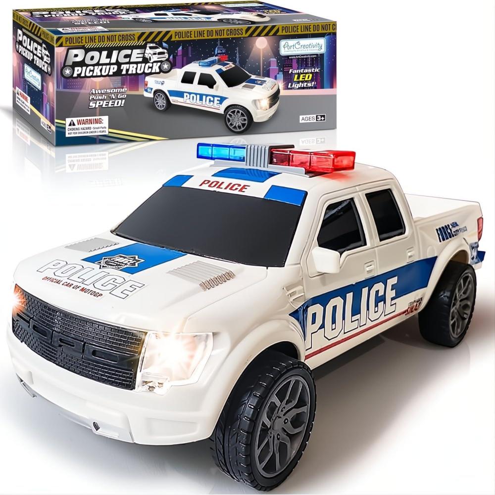 imageArtCreativity Police Car Toy Pickup Truck Toy with LED Headlights and Sirens Friction Powered 120 Scale Police Car Toys for Boys 35 Police Toys Monster Trucks Toy Trucks for Kids Birthday Gift
