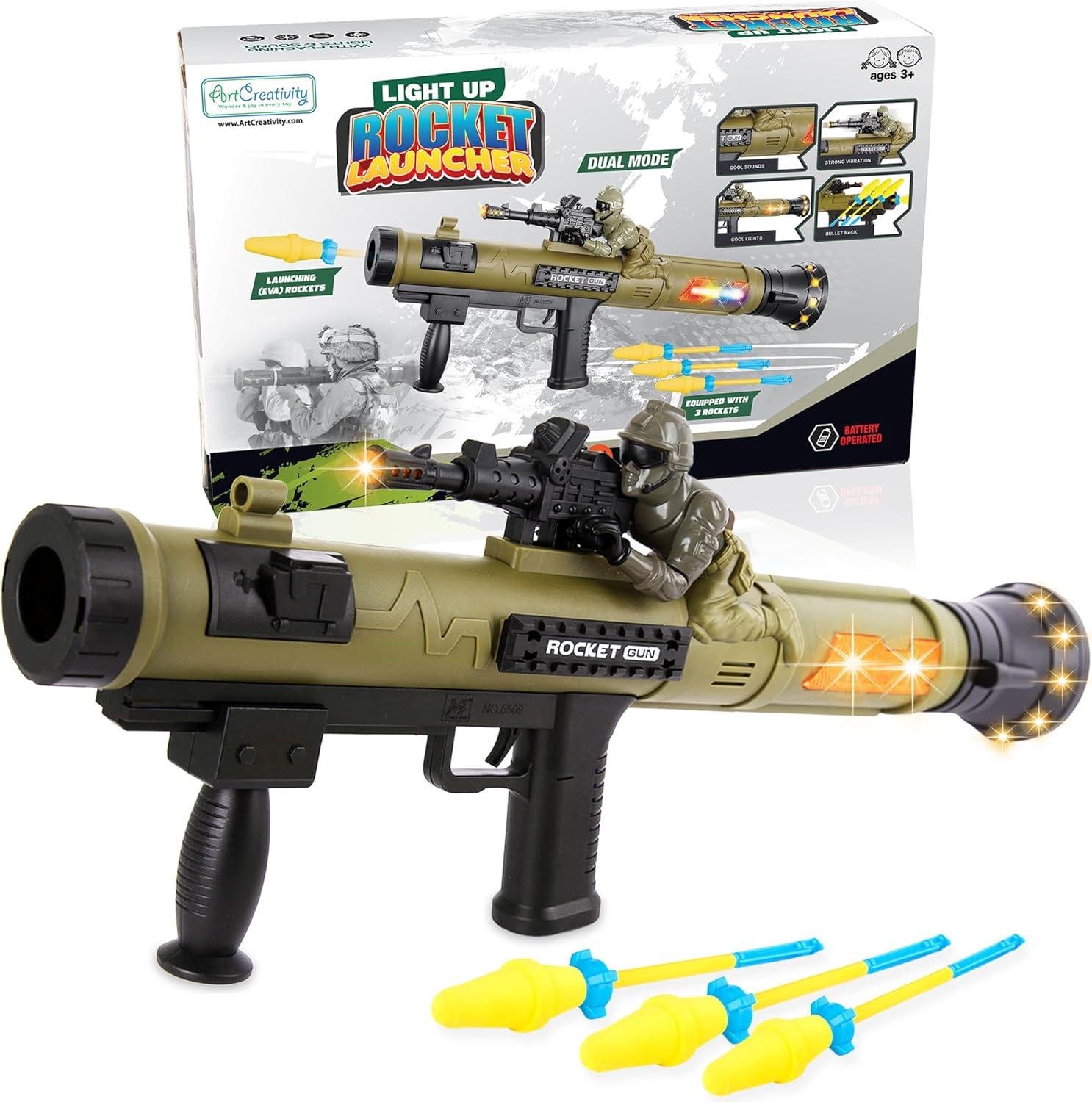 imageArtCreativity Toy Rocket Launcher RPG Gun with 3 Foam Rockets Light Up Rocket Launcher Gun for Kids Cool Sound Vibration ampamp LED Effects Military Pretend Play Bazooka Toys for Boys