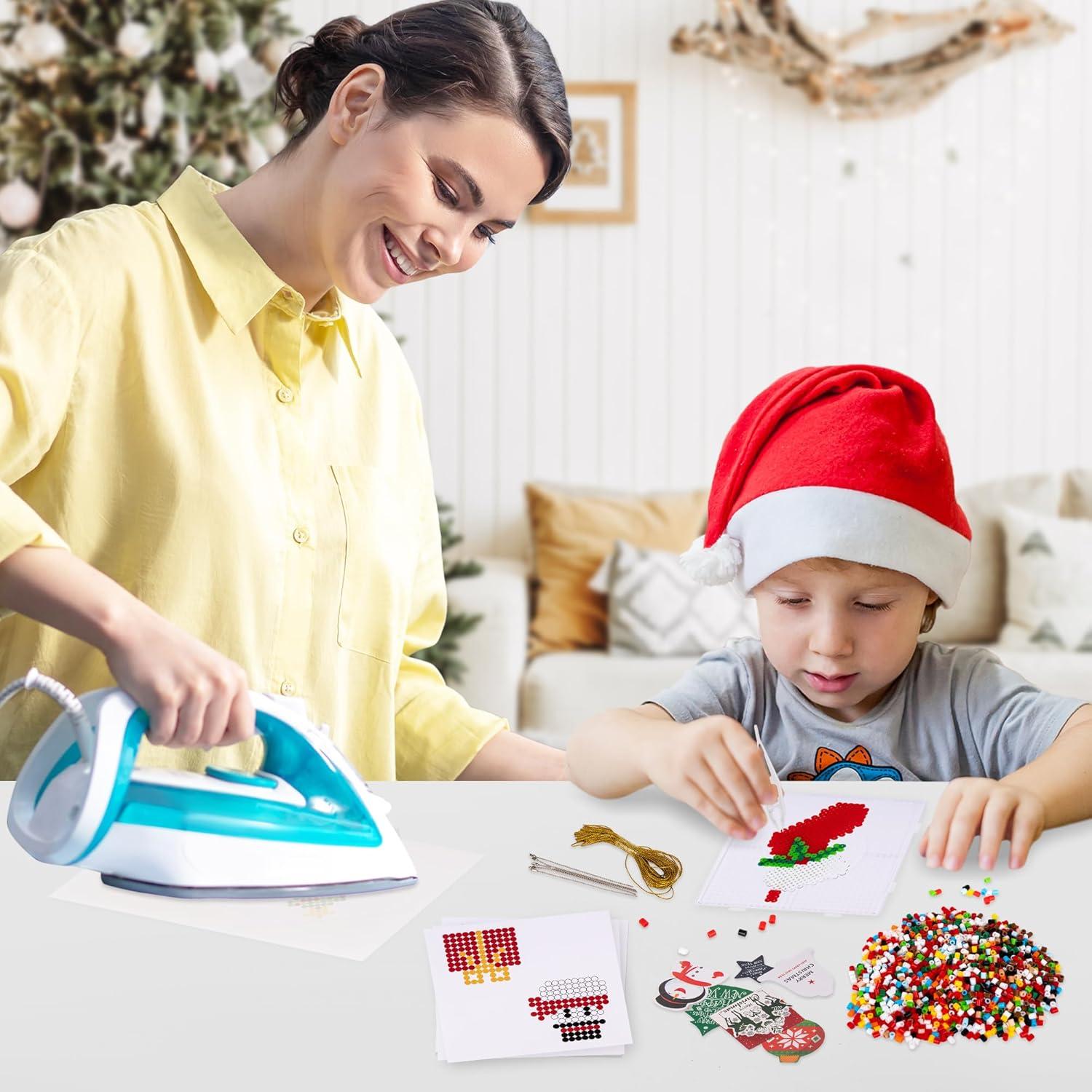 imageArtCreativity Christmas Fuse Beads Kit Christmas Beads for Crafts with 3000 Fuse Beads Bulk 10 Patterns 1 Pegboard Tweezers Ironing Paper Gift Tags and Gold Strings Christmas Craft for Kids