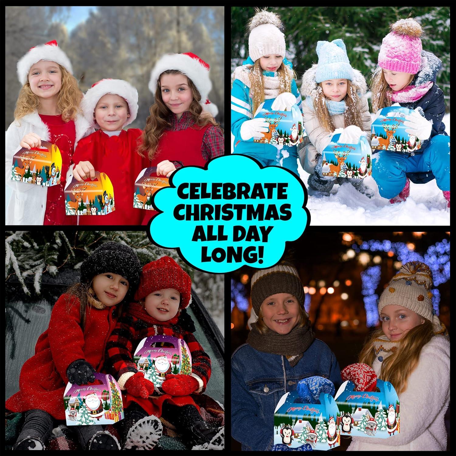 imageArtCreativity Christmas Treat Boxes Set of 12 Cardboard Paper Candy Boxes with Carry Handles Adorable Xmas and Holiday Supplies Goodie Bags for Sweets Toys Gifts and More