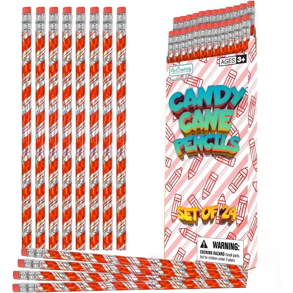 imageArtCreativity Christmas Pencils for Kids Pack of 24 Cute Holiday Candy Cane Design with Erasers Perfect for Stocking Stuffers Classroom Supplies Bulk Student Rewards Winter Pencils