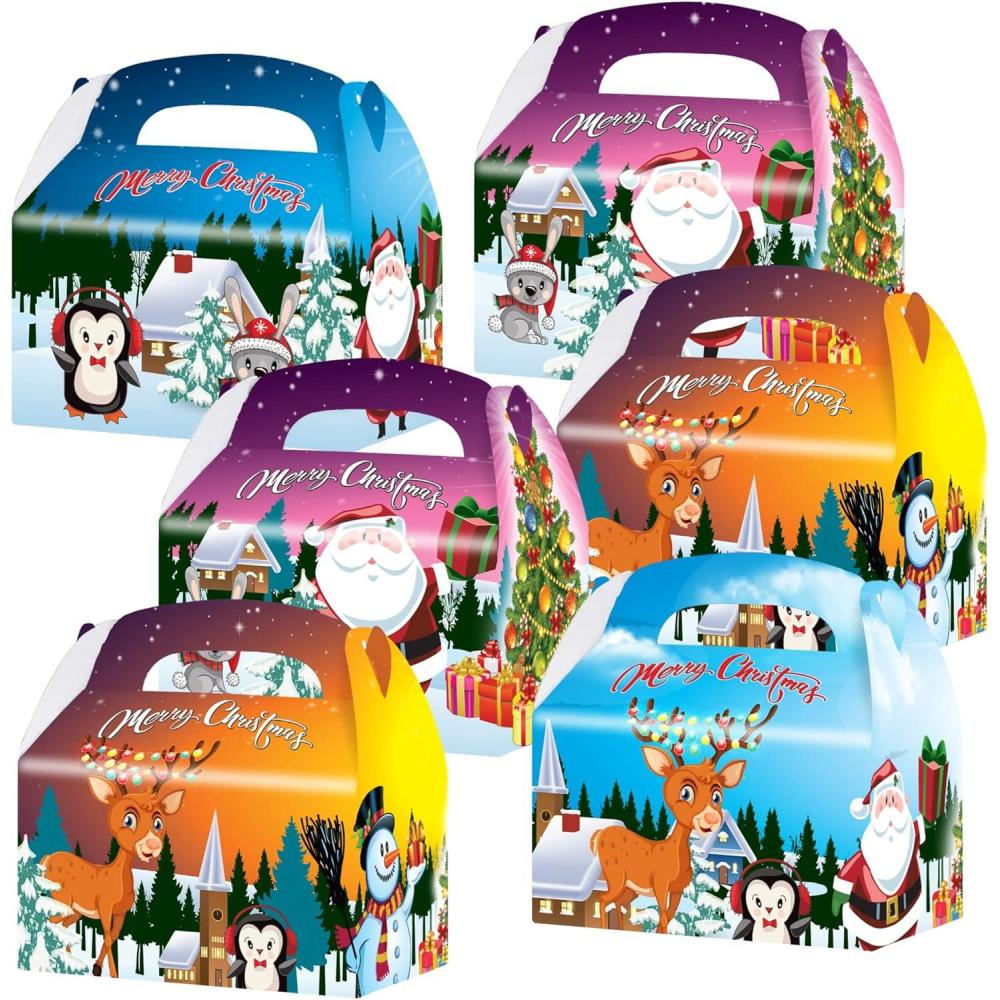 imageArtCreativity Christmas Treat Boxes Set of 12 Cardboard Paper Candy Boxes with Carry Handles Adorable Xmas and Holiday Supplies Goodie Bags for Sweets Toys Gifts and More