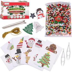 ArtCreativity Christmas Fuse Beads Kit, Christmas Beads for Crafts with 3000 Fuse Beads (Bulk), 10 Patterns, 1 Pegboard, Tweezers, Ironing Paper, Gift Tags, and Gold Strings, Christmas Craft for Kids