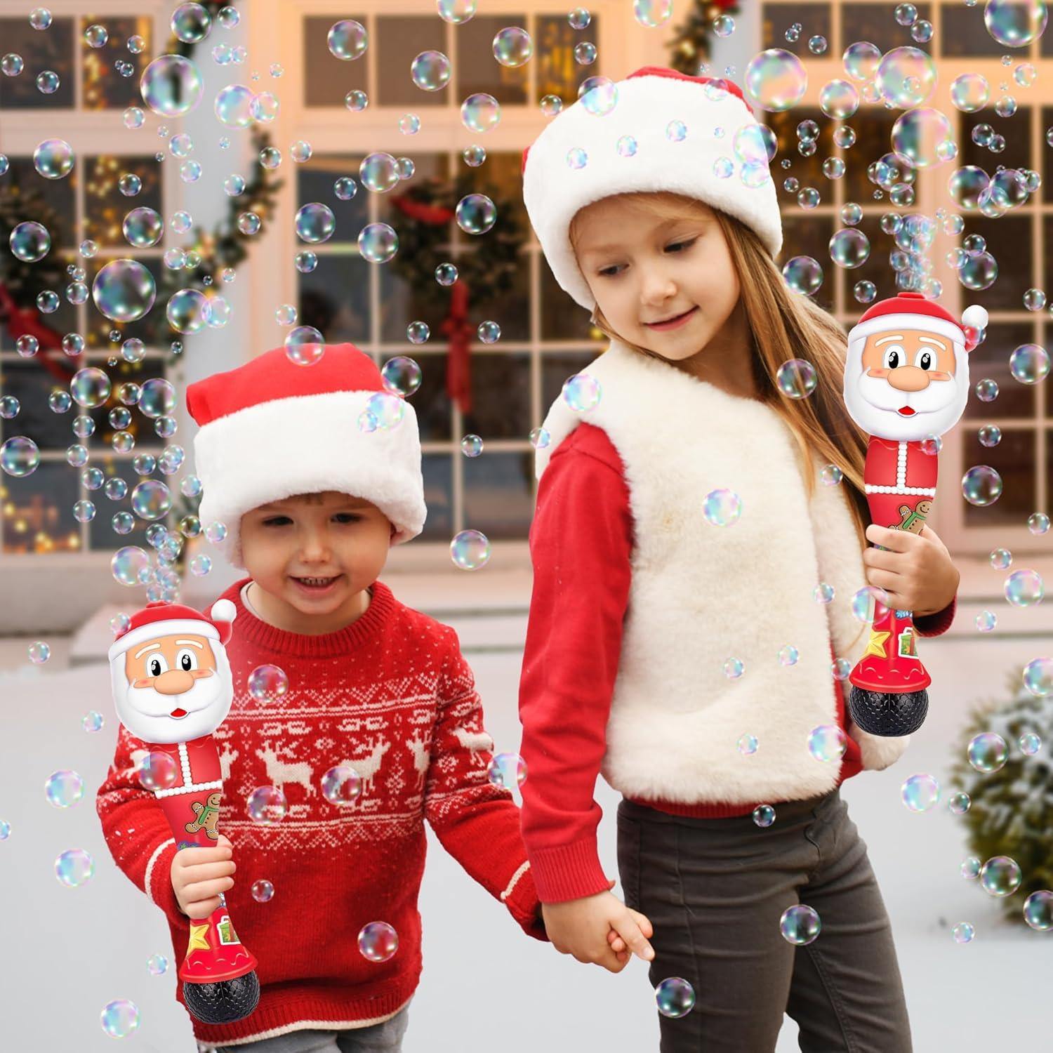 imageArtCreativity Christmas Santa Bubble Wand for Kids 14 Inch Light Up Bubble Blower with Sound Effects ampamp 75 Inch Light Up Spinner Wand