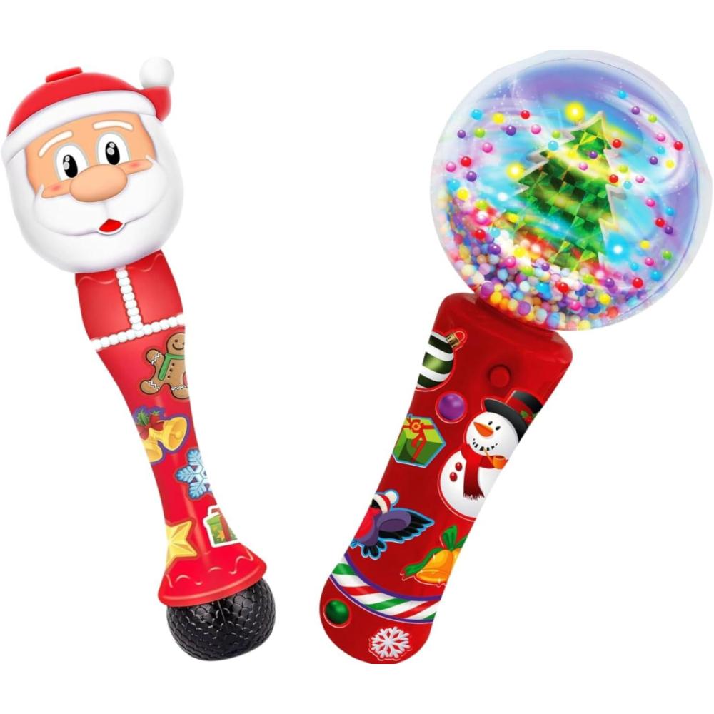 imageArtCreativity Christmas Santa Bubble Wand for Kids 14 Inch Light Up Bubble Blower with Sound Effects ampamp 75 Inch Light Up Spinner Wand