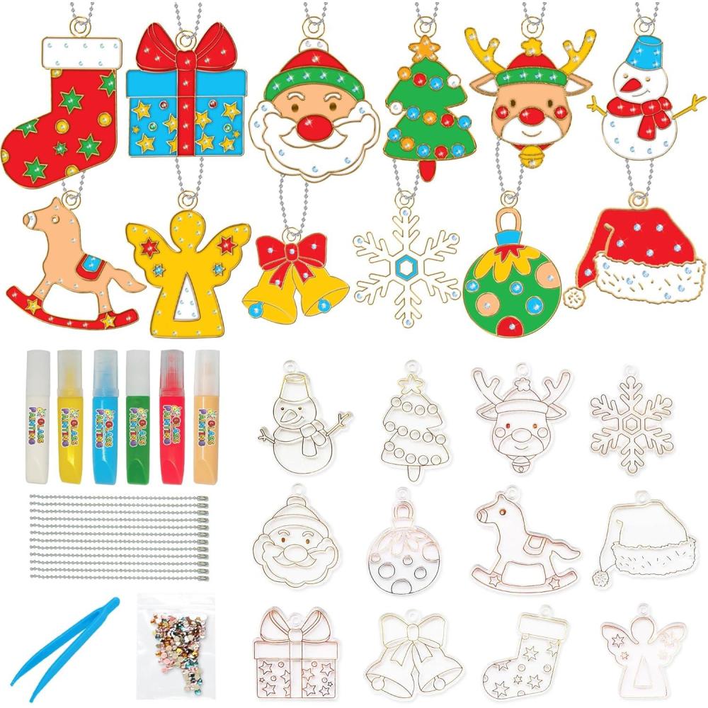imageArtCreativity DIY Christmas Ornament Painting Craft 31 Pieces Christmas Ornament Kit Kids Ornament Painting Kit Includes 12 Transparent Ornaments 6 Colorful Glues 12 Keychains Gems Tweezers