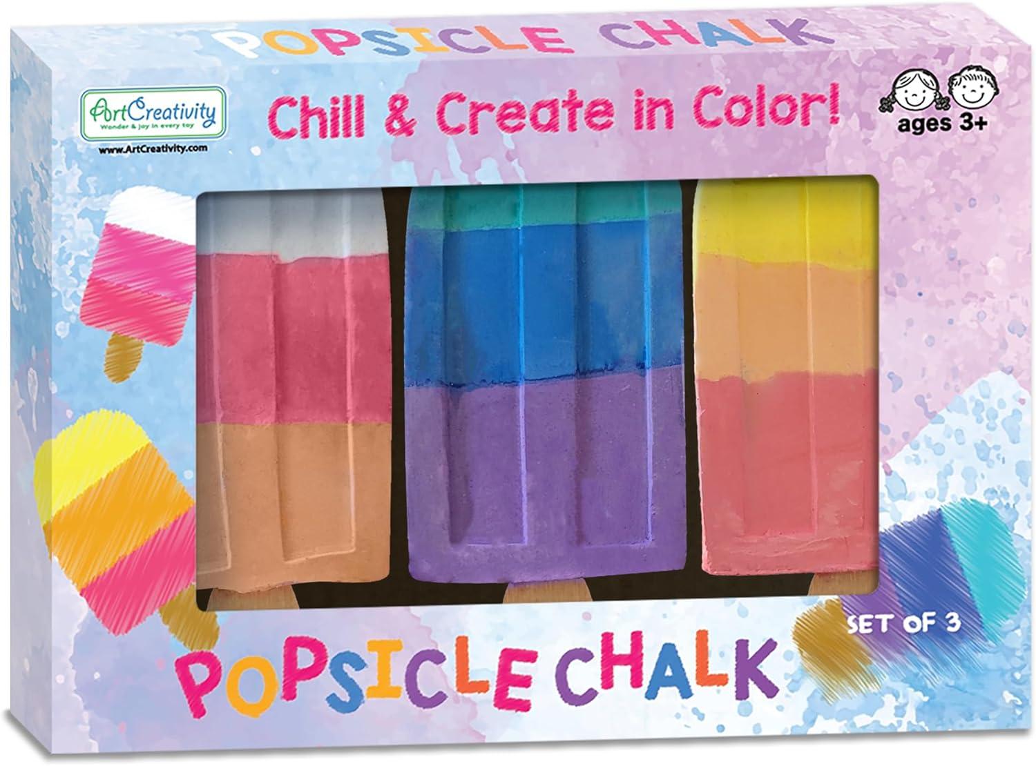 imageArtCreativity Popsicle Chalk Set of 3 Popsicle Shaped Sidewalk Chalks Washable Chalk for Kids Outdoor Painting Activities NonToxic Colorful Chalkboard Chalk Classroom Prize Art Supply Set