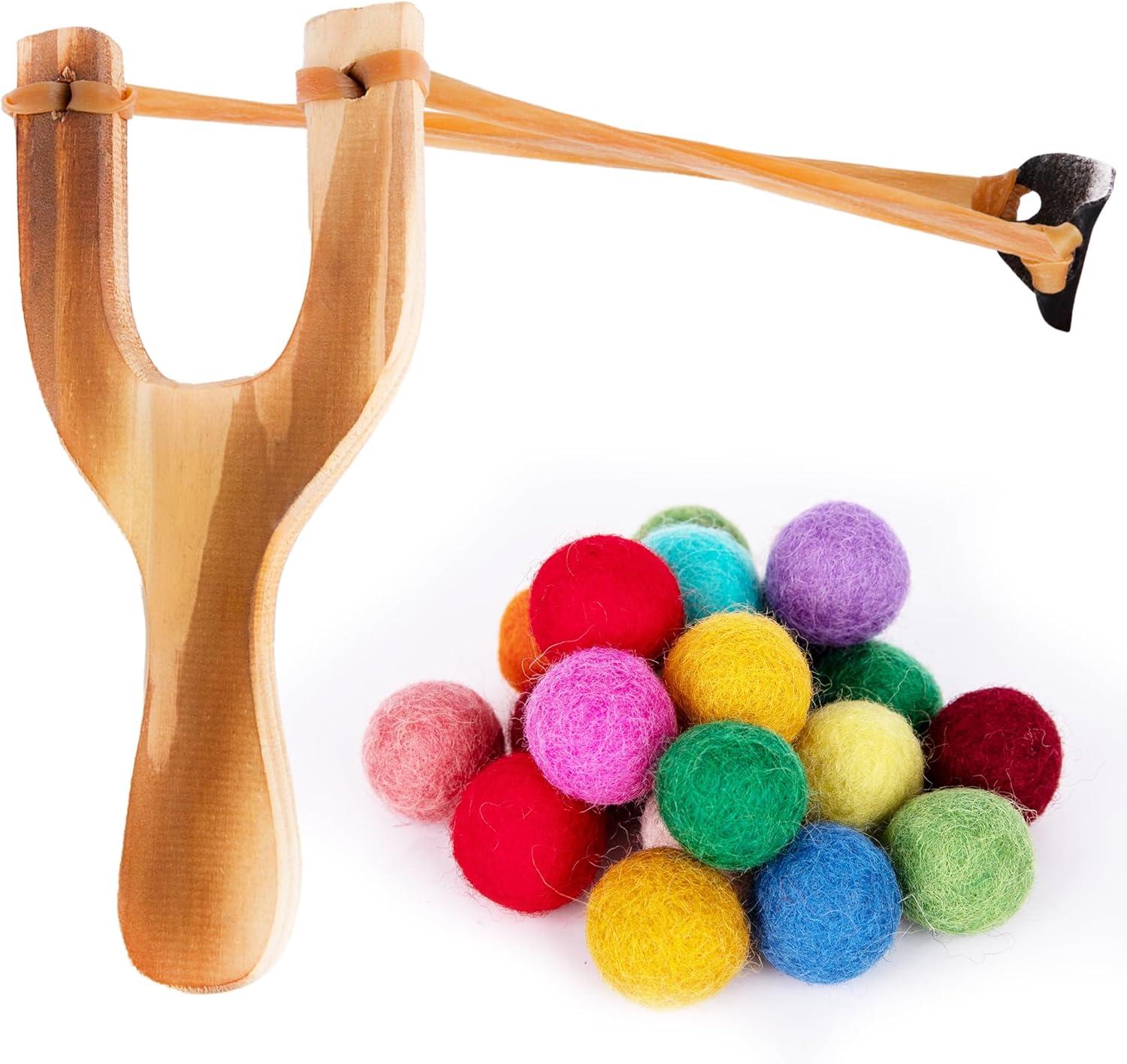 imageArtCreativity Wooden Slingshot with 20 Balls Wood Slingshot for Kids Shoots Balls Over 20 Feet Soft Balls for Safe Play Wooden Catapult Outdoor Toys for Kids Strong Sling Shot KitWool