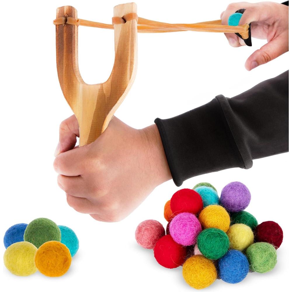 imageArtCreativity Wooden Slingshot with 20 Balls Wood Slingshot for Kids Shoots Balls Over 20 Feet Soft Balls for Safe Play Wooden Catapult Outdoor Toys for Kids Strong Sling Shot KitWool