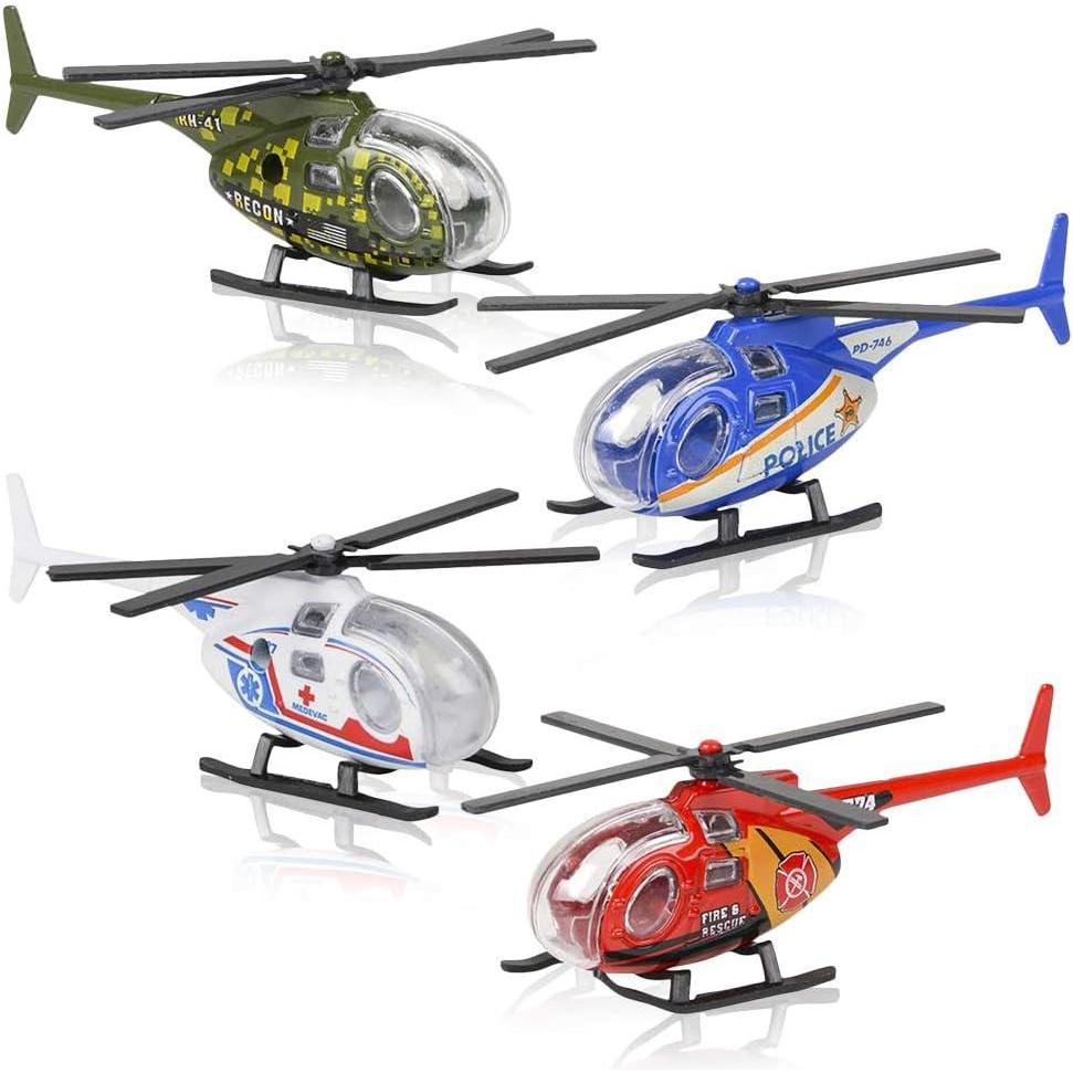imageArtCreativity Diecast Helicopter Toy Pack of 4 Police Fire Engine EMS and Military Diecast Toy Choppers with Spinning Propellers Birthday Party Favors for Boys and Girls