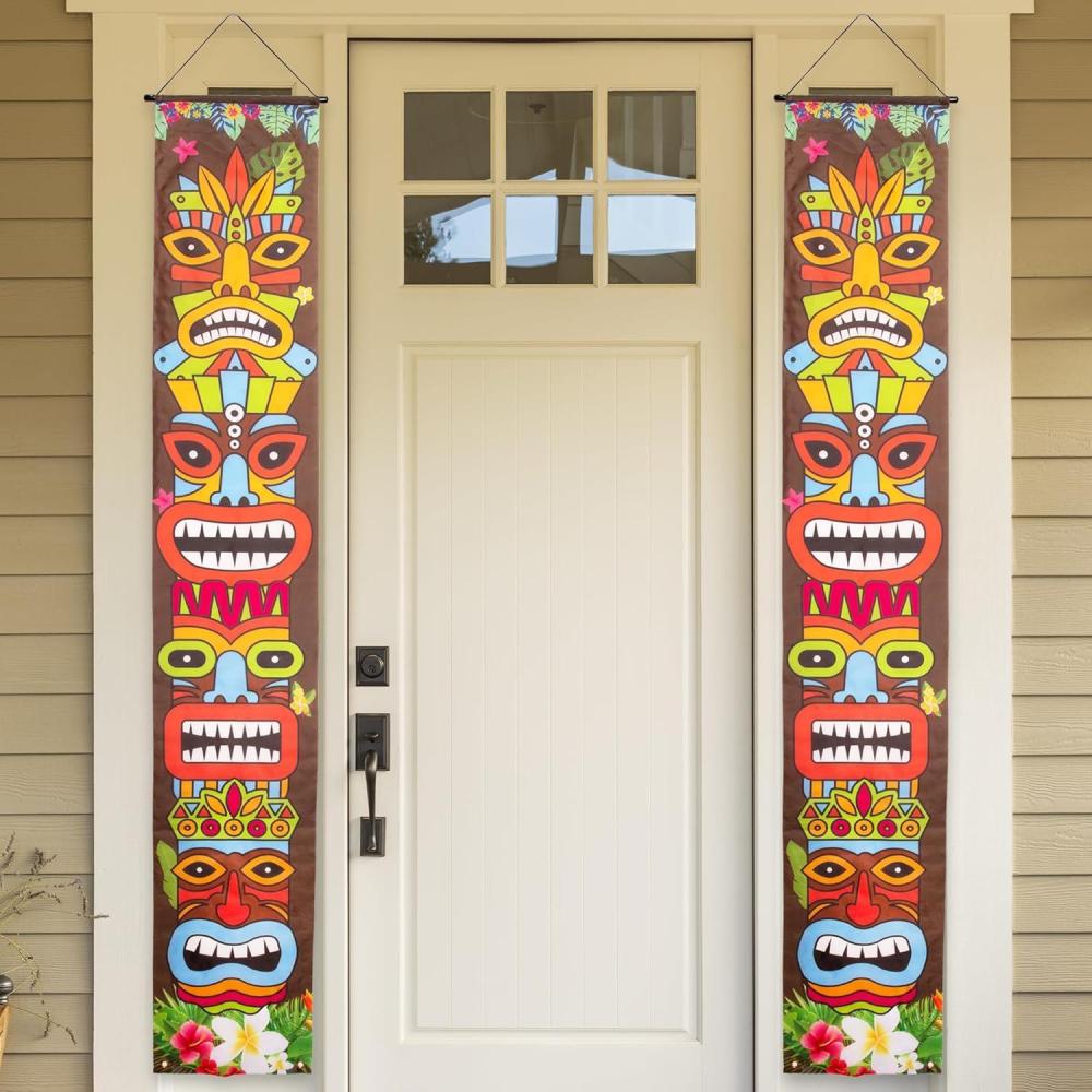 imageArtCreativity Hawaiian Luau Party Decorations Set of 2 Banners 6 x 1 Feet Tropical Party Decorations with Colorful Tiki Faces Luau Tiki Themed Birthday Party Decor for Indoors and Outdoors