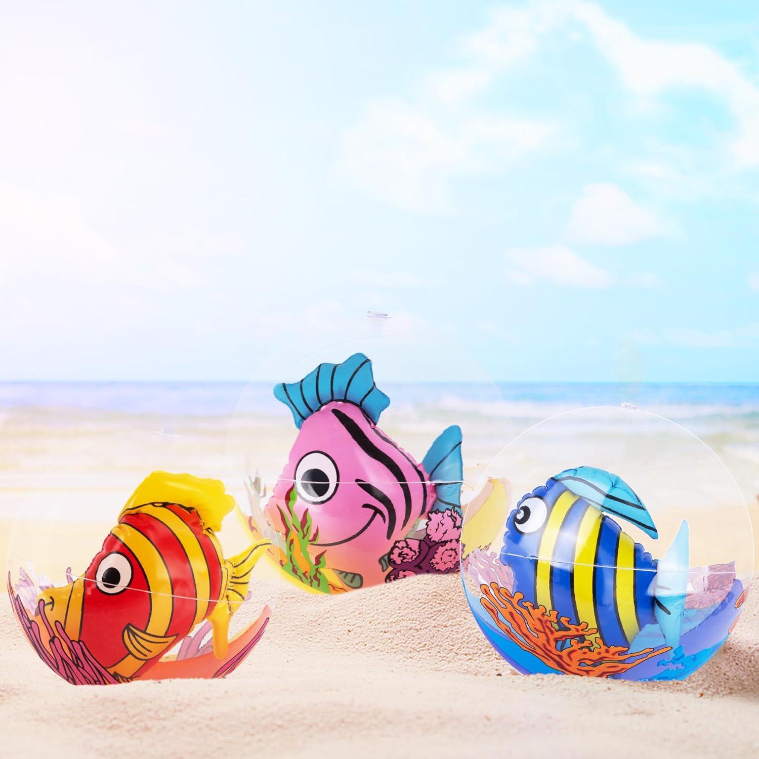 imageArtCreativity 3D Fish Beach Balls for Kids Set of 3 Clear Balls with Colorful Fish Inside Inflatable Swimming Pool Toys and Aquatic Party Decorations Underwater Party Supplies and Favors