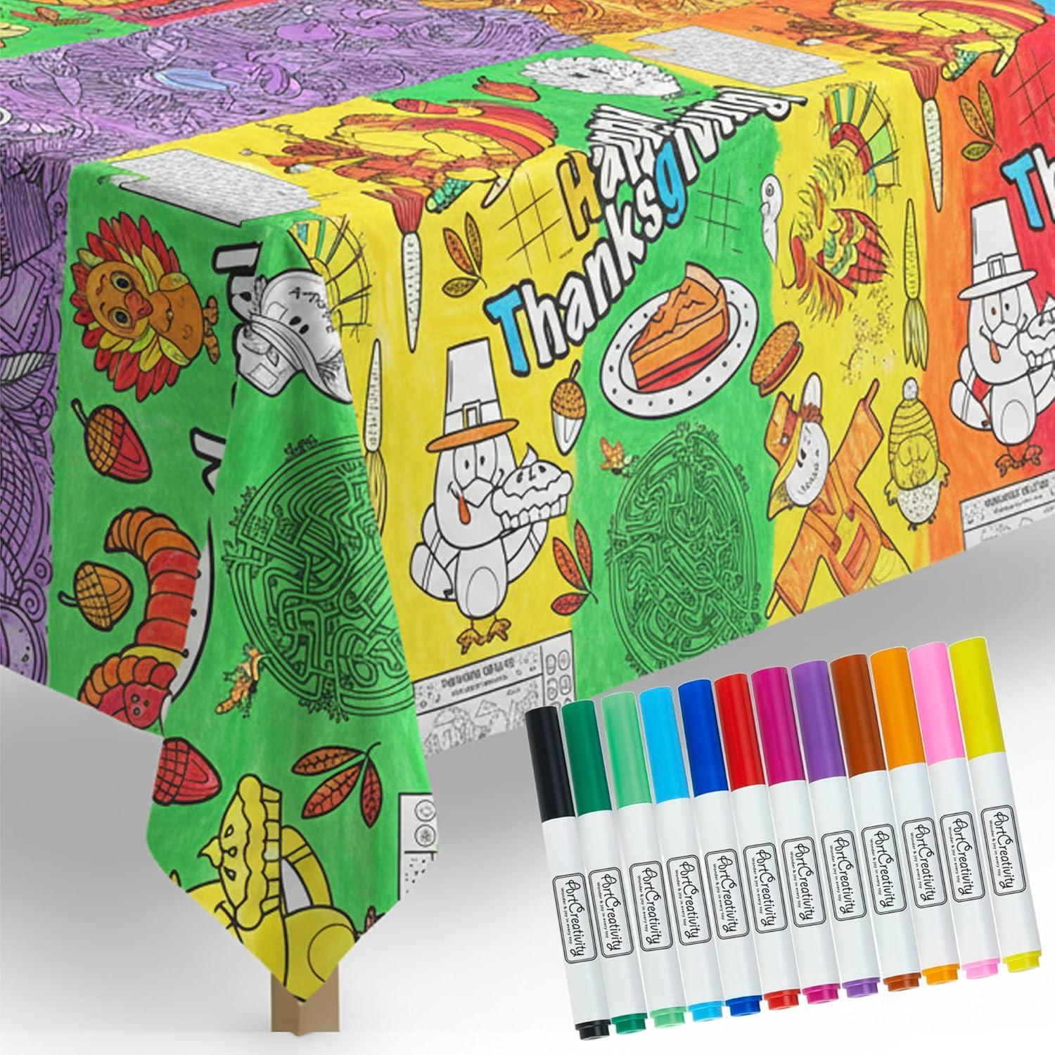 imageArtCreativity Thanksgiving Coloring Table Cloth for Kids with 12 Washable Markers  Large 53 x 875 Inch Coloring Tablecloth  Thanksgiving Drawing Tablecloth with Plastic Film Base for Durability