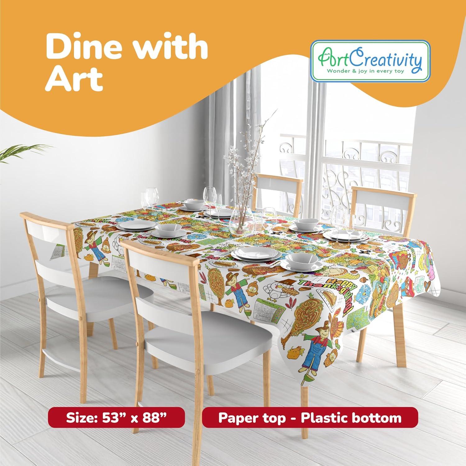 imageArtCreativity Thanksgiving Coloring Table Cloth for Kids with 12 Washable Markers  Large 53 x 875 Inch Coloring Tablecloth  Thanksgiving Drawing Tablecloth with Plastic Film Base for Durability