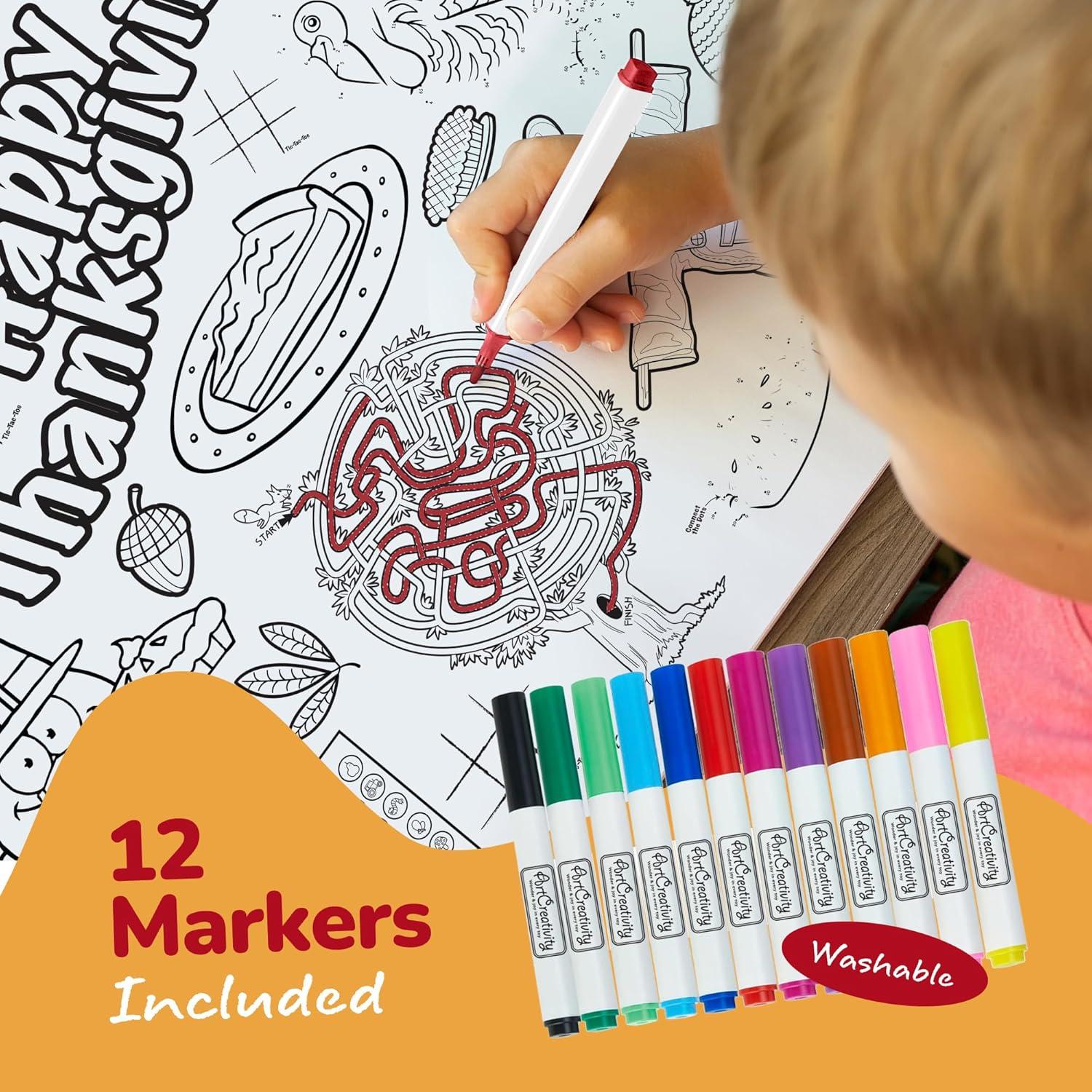 imageArtCreativity Thanksgiving Coloring Table Cloth for Kids with 12 Washable Markers  Large 53 x 875 Inch Coloring Tablecloth  Thanksgiving Drawing Tablecloth with Plastic Film Base for Durability