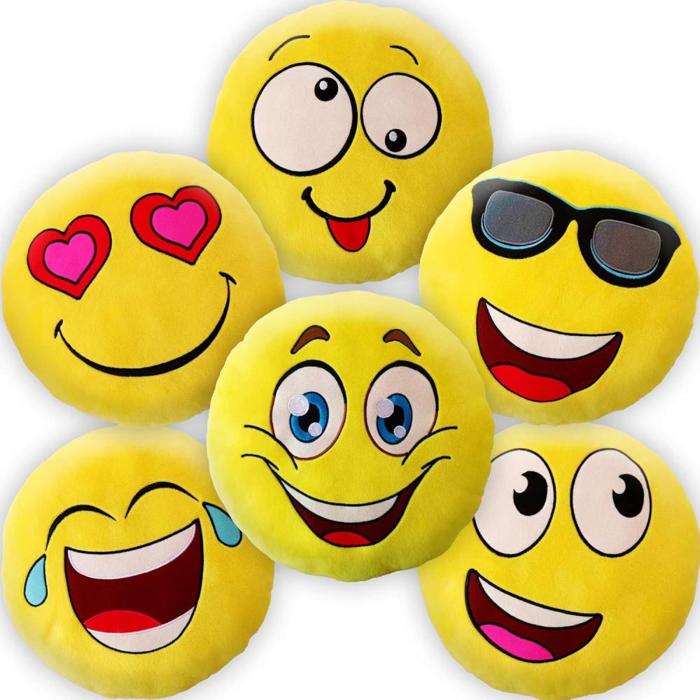 imageArtCreativity 11 Inch Assorted Emoticon Pillows Pack of 6 Soft Plush Yellow Smile Face Cushions Fun Decorative Pillows for Bedroom Living Room Office Emoticon Party Favors for Kids