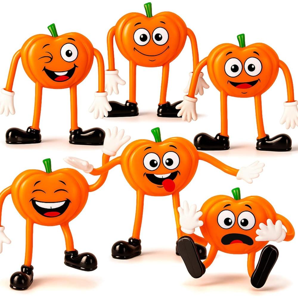 imageArtCreativity Halloween Pumpkin Bendable Toys  12 Pack  375 Inch Figures with Bendable Limbs 6 Goofy Facial Expressions  Halloween NonCandy Trick or Treat Supplies  Thanksgiving Party Favors