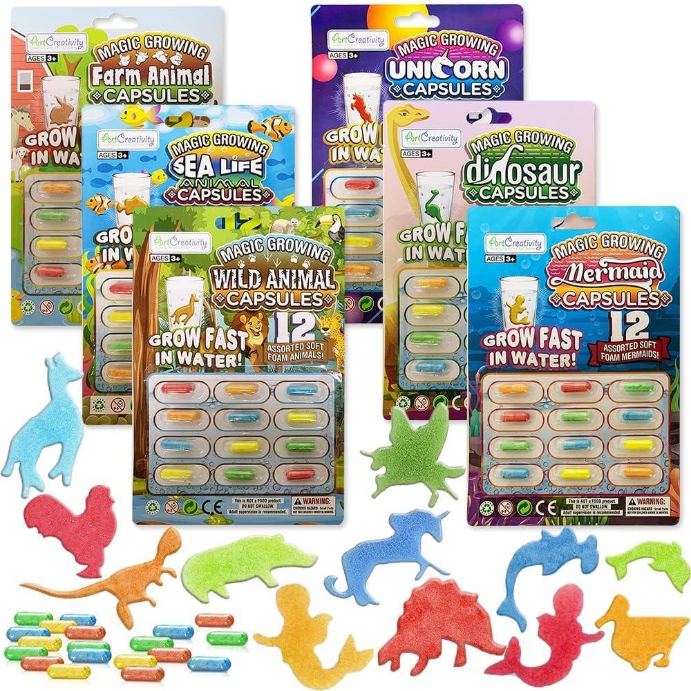 imageArtCreativity Magic Growing Capsules 6 Theme Packs 72 Capsules  Unicorn Mermaid Dinosaur Sea Life Wild Farm Animal  Magic Grow Water Toys Easter Basket Party Favor for Kids