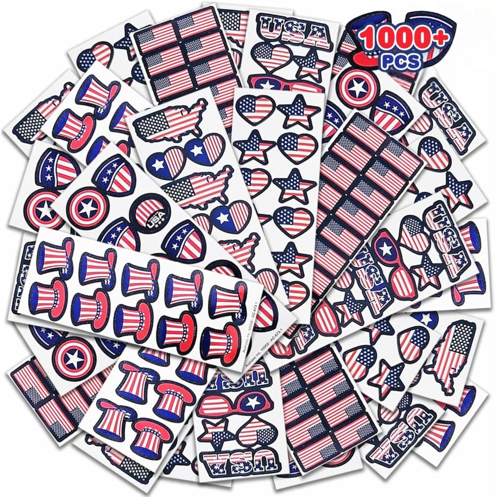 imageArtcreativity 1000 Assorted 4th of July Stickers Patriotic Sticker for Kids 100 Bulk Stickers Sheets Memorial Day Crafts for Kid Memorial Day Decorations 4th of July Party Favors for Kids