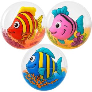 ArtCreativity 3D Fish Beach Balls for Kids, Set of 3, Clear Balls with Colorful Fish Inside, Inflatable Swimming Pool Toys and Aquatic Party Decorations, Underwater Party Supplies and Favors
