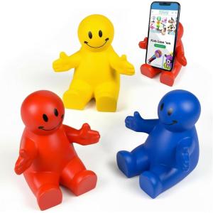 ArtCreativity 4 Inch Squeezable Smile Phone Holder, 3 Pack, 2-in-1 Smartphone Stand, Squeeze Stress Relief Fidget Toy for Kids & Adults, Desk Decoration, Party Favor, Office Gift, Red-Blue-Yellow