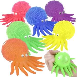 ArtCreativity Puffer Octopus, Set of 6, Fidget Toys for Kids with Soft Rubbery Spikes, Stress Relief Toys in Assorted Colors, Party Favors, Goodie Bag Fillers for Boys and Girls