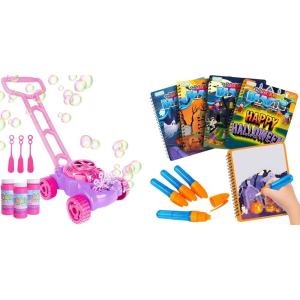 ArtCreativity Bubble Lawn Mower Machine for Toddlers 1-3 & Halloween Water Coloring Books for Kids – 4 Pack Paint Books with Water Pen for Kids