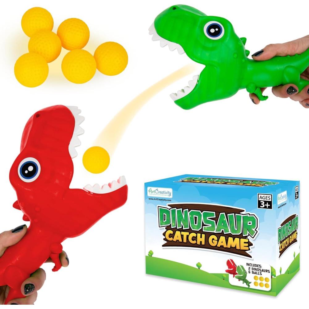 imageArtCreativity Dinosaur Pop and Catch Game Dino Pop and Catch Toy with 2 Catch Cup Launchers and 6 Balls Press Trigger to Pop Out The Ball Summer Games for Kids Outside Play Outdoor Games