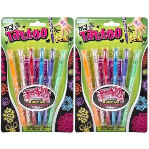 ArtCreativity Shimmery Temporary Tattoo Pens for Kids, 4 Pack, Each Pack with 6 Tattoo Markers & 3 Stencil Stickers, Washable Tattoo Body Ink, Sparkle Girls Fashion Activity, Sparkly Tats Body Art Set