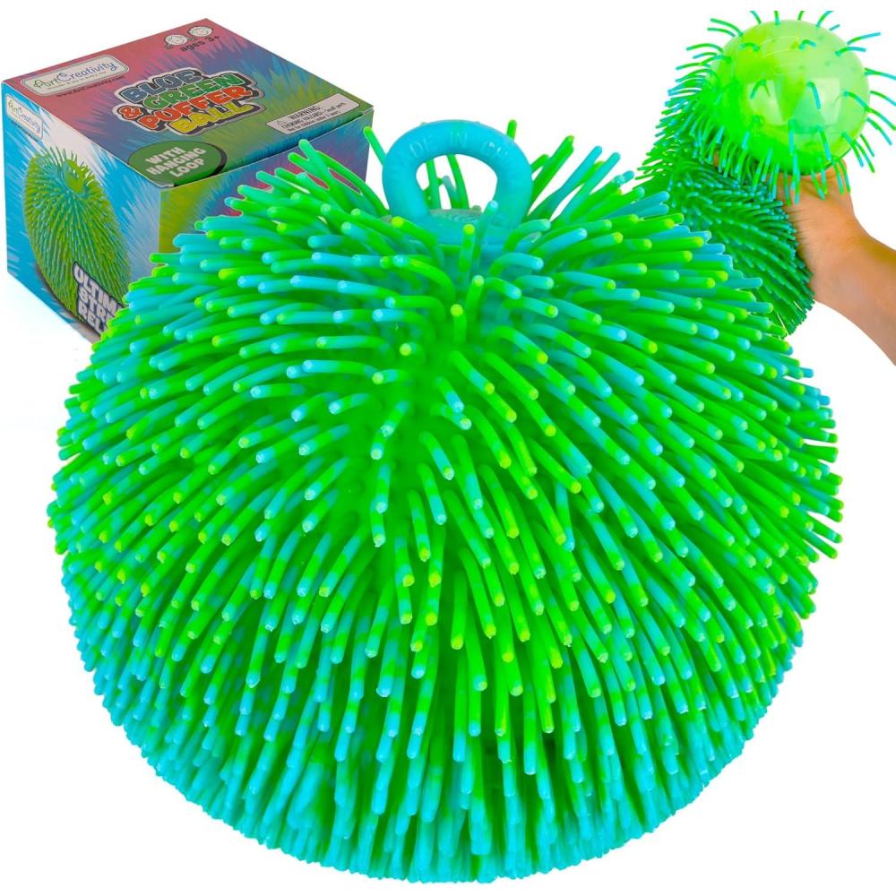 imageArtCreativity Tie Dye Puffer Ball With Hanging Loop 6 Inch Spiky Stress Relief Squeeze Fidget Toy for Kids Calming Sensory Toy for Autistic Children Party FavorBlue  Green