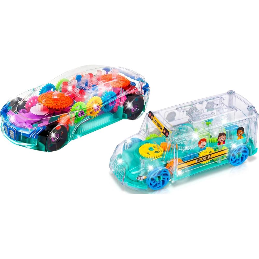 imageArtCreativity Light Up Transparent Sensory Car ampamp School Bus Toy for Kids  Bump and Go with Colorful Moving Gears ampamp Light Up
