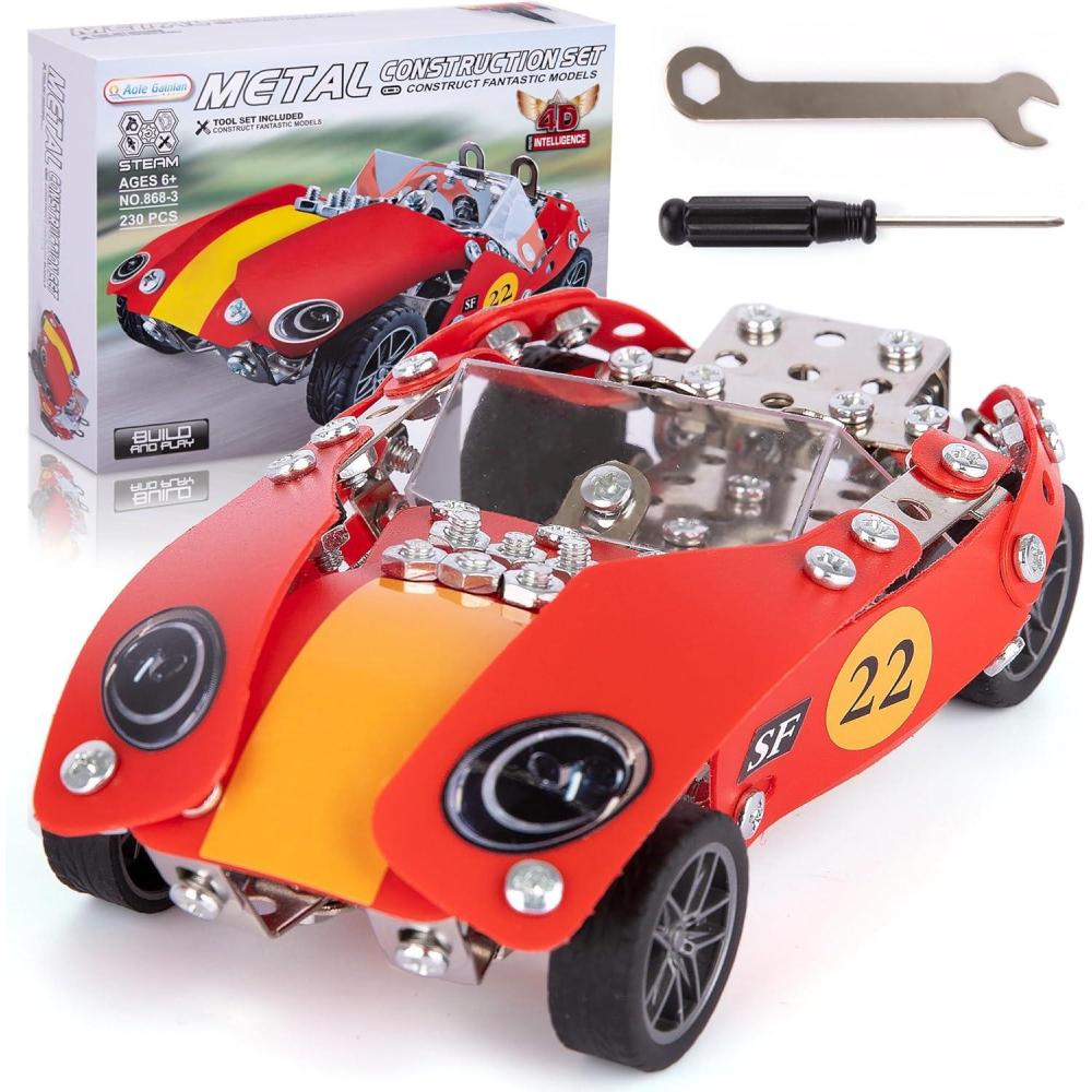 imageArtCreativity Metal Model Car Building Kit  230 PC 3D Car Model Kit  STEM Metal Car Building Kit for Boys  Red Vintage Toy Racecar with Moving Wheels  Build Your Own Car Kit for Kids with ToolsRacecar