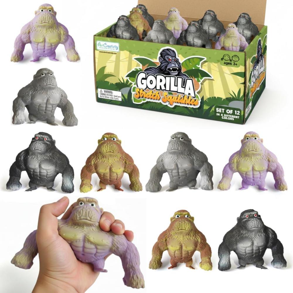 imageArtCreativity 12 PK FullSize Stretchy Gorilla Toys Squishy Monkey Gorilla Fidget Toys in 4 Colors 5quotx425quot Arms Extend Up to 3 Feet Animal Sensory Fidget Party Favors for Kids