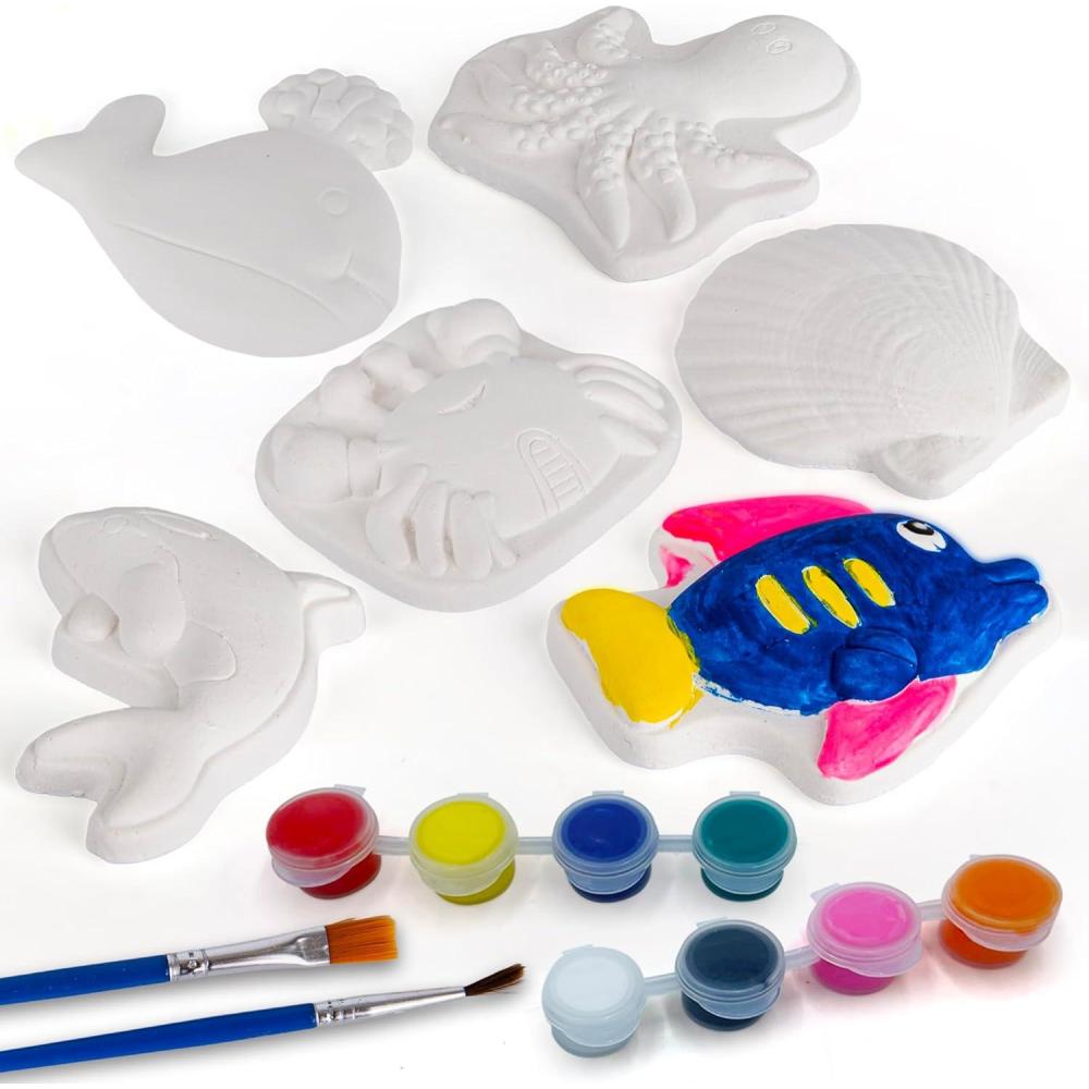 image:imageArtCreativity Ocean Animals Plaster Painting Kit for Kids  6 Aquatic Plaster Figurines 2 Paint Sets 2 Brushes and 6 Circle Magnets for Display  8 Different Paint Colors  Kids Painting SetOcean Animals