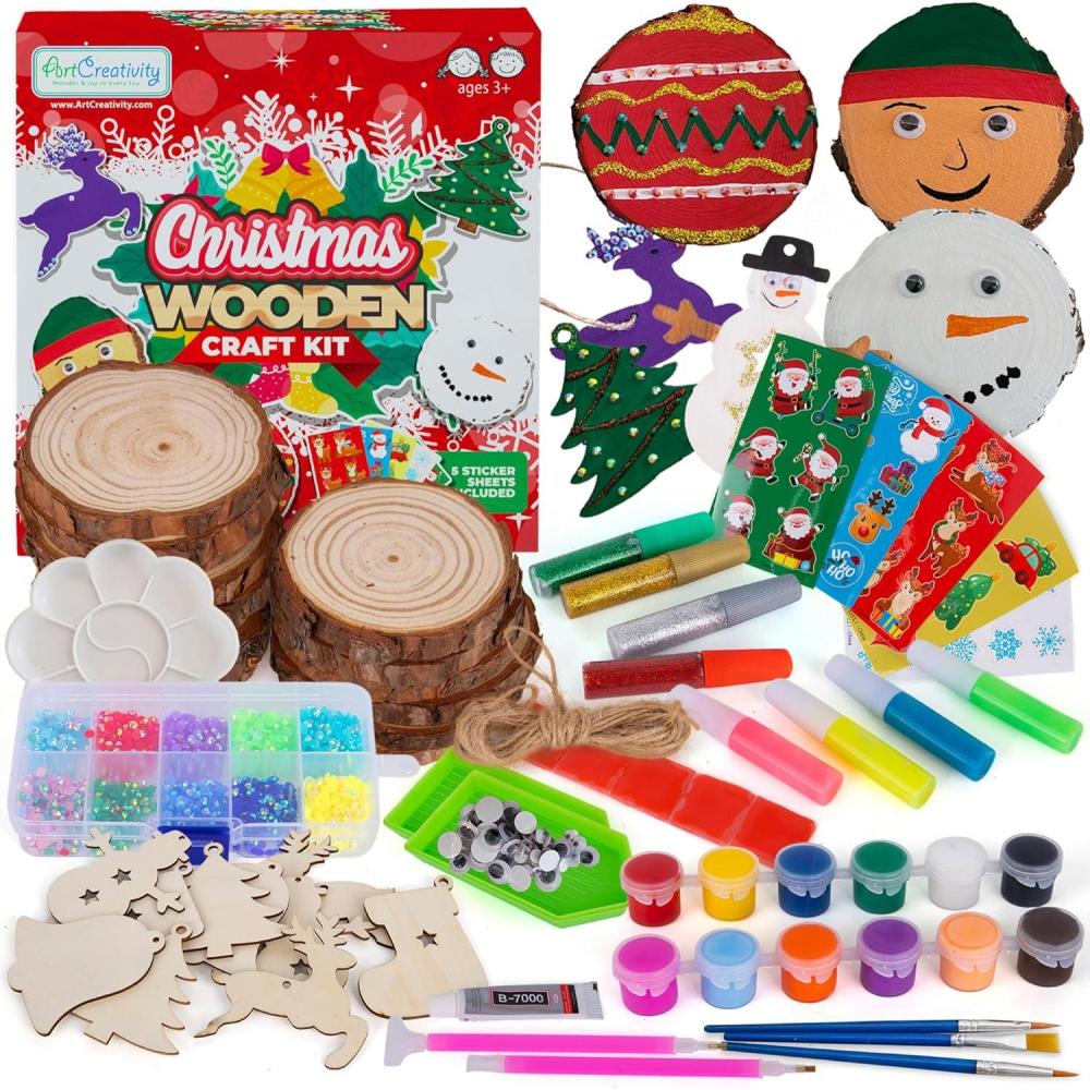 image:imageArtCreativity Christmas Wooden Ornament Craft  Includes 28 Ornaments Wooden Painting Craft Kit for Kids amp Adults with Wood Slices Xmas Shapes Glow in The Dark Paint Glitter Glue and Google Eyes