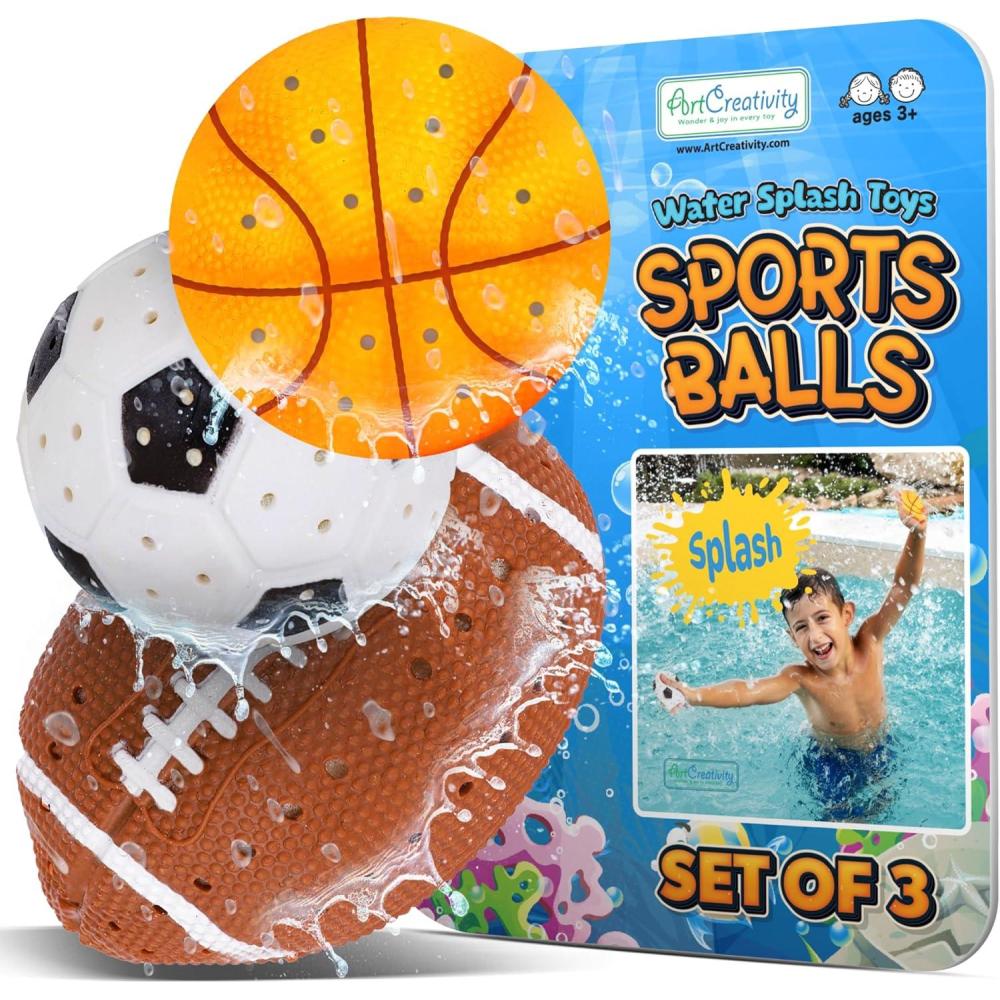 image:imageArtCreativity Sports Balls Water Splash Toys  Set of 3  Spongy Bath Toys for Kids  3 Different Athletic Ball Designs Include Football Basketball Soccer Ball  Bathtub Toys amp Kids Pool AccessoriesSports Balls