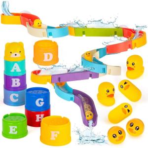 ArtCreativity 29 PCS Duck Bathtub Slide Toys, Toddler Bath Tub Water Toy Set with Bonus Stacking Cups, Lights & Sounds – Fun Birthday Gift for Boys & Girls, Kids Shower Toy and Pool Accessories