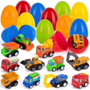 ArtCreativity Pre Filled Easter Eggs with Vehicles Inside – Set of 12 – Colorful Surprise Eggs for Kids with Pullback Construction Truck Toys – Easter Egg Hunt Supplies – Easter Basket Stuffers