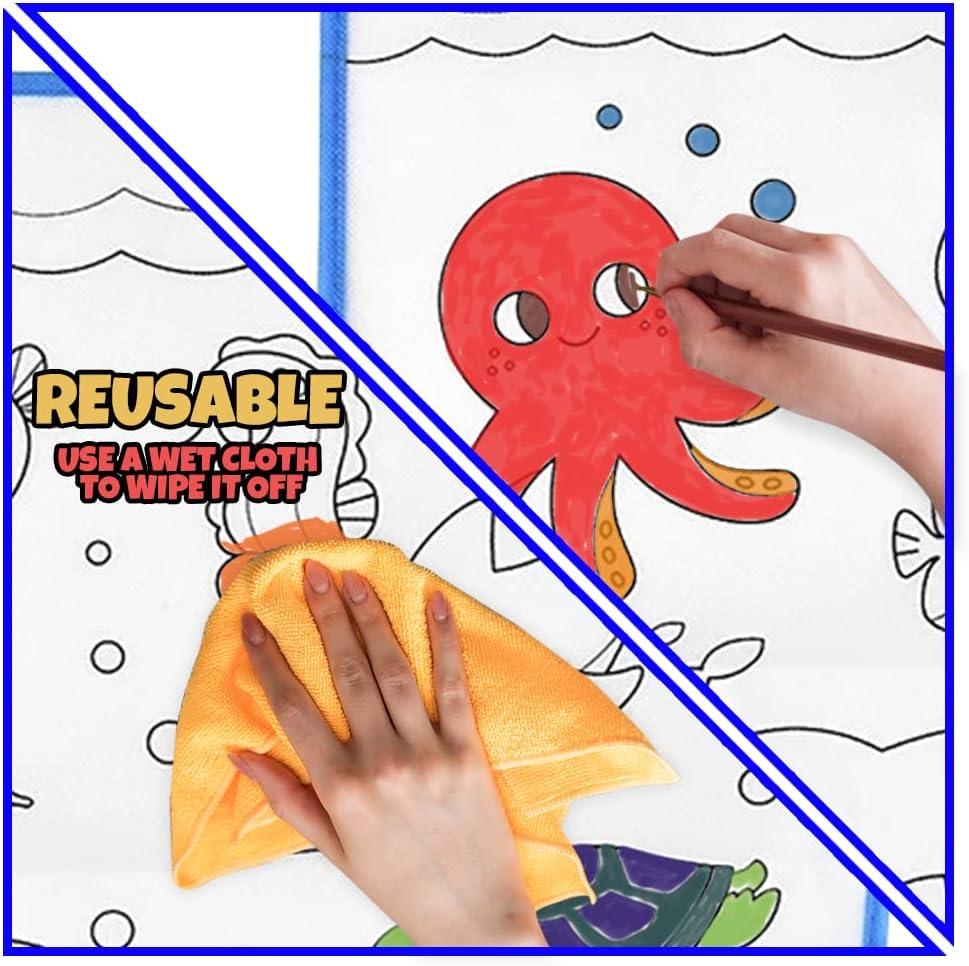 image:imageArtCreativity Aquatic Doodle Mat with 12 Markers Washable Doodle Mat for Kids with Sea Creature Outlines Reusable Coloring Mat for Kids Doodle Play Mat for Hours of Fun 195 x 195 Inches