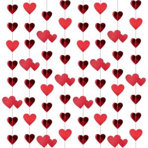 ArtCreativity Valentine’s Heart Garland – 4 Strings x 13.12ft – Hanging Red Heart Banner for Wedding Props, Romantic Anniversary Decorations, Photo Backdrop, Home Decor – Birthday Party Supplies