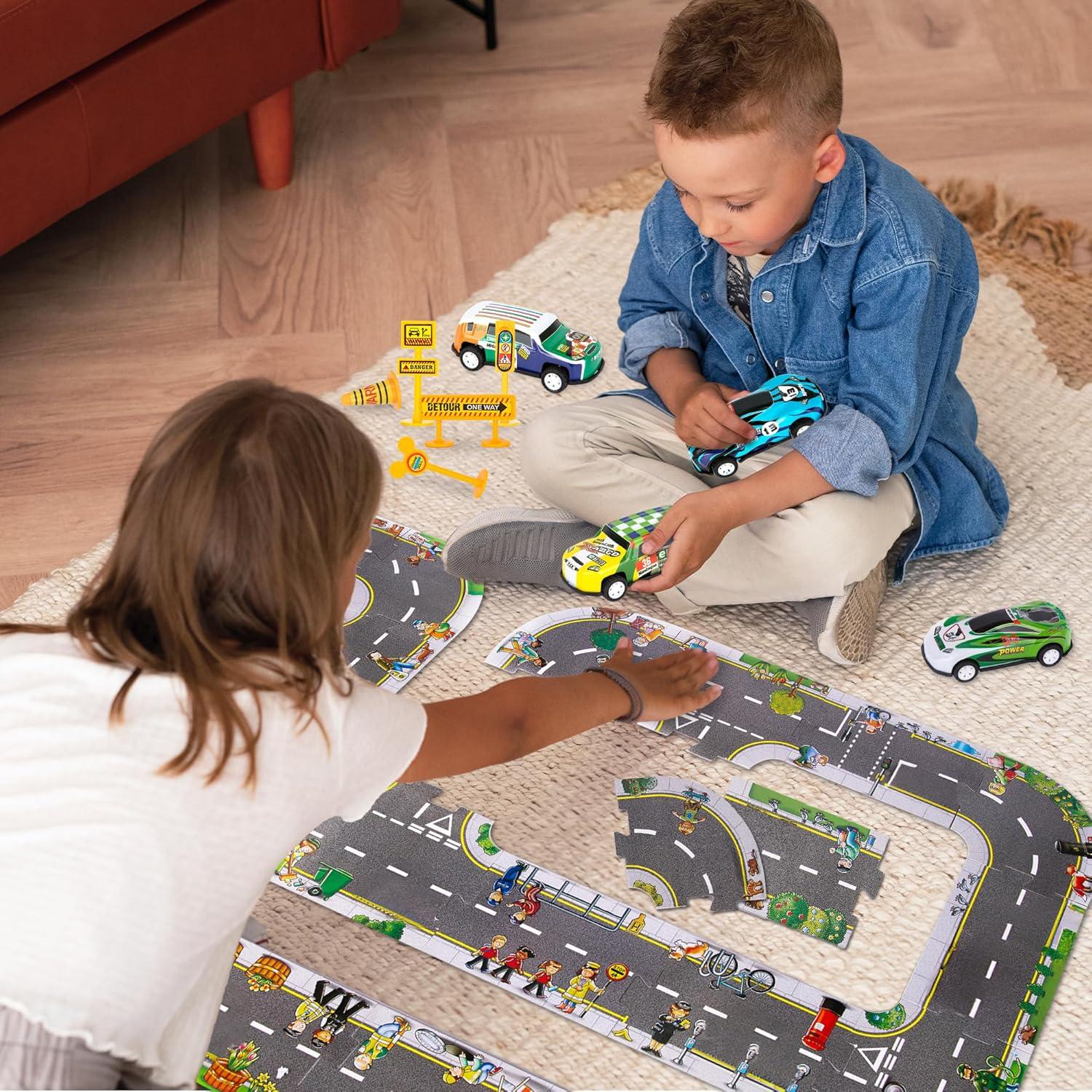 image:imageArtCreativity Road Track for Kids 29 Piece Set with 4 Cars 5 Traffic Accessories and 20 Puzzle Pieces Toddler Track with Vehicles