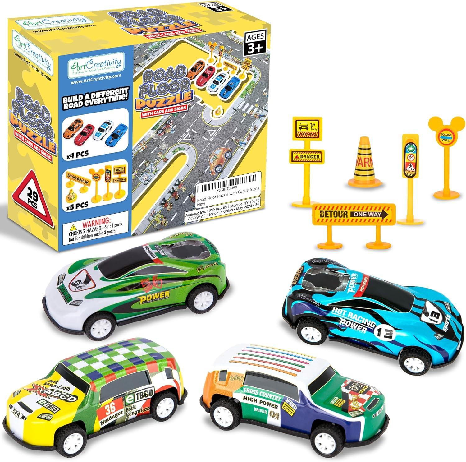 image:imageArtCreativity Road Track for Kids 29 Piece Set with 4 Cars 5 Traffic Accessories and 20 Puzzle Pieces Toddler Track with Vehicles