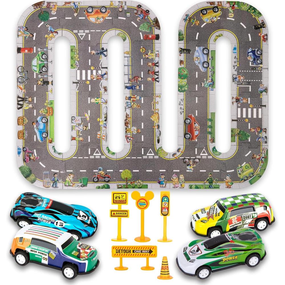 image:imageArtCreativity Road Track for Kids 29 Piece Set with 4 Cars 5 Traffic Accessories and 20 Puzzle Pieces Toddler Track with Vehicles