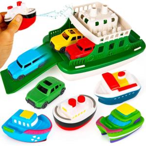 ArtCreativity Ferry Boat Bath Toy for Toddlers – 9 Pcs – Baby Bathtub Floating Water Toy with 4 Mini Cars, 4 Squirter Animals, Lights & Sounds for Imaginative Play – Kids Birthday Gift Party Favor