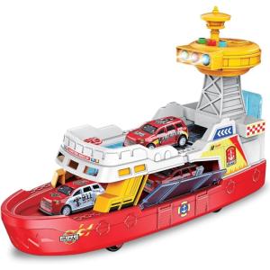 ArtCreativity Light Up Boat Toy with Sounds – Colorful Fire Dept Model Ship with Wheels & 3 Alloy Metal Cars – Kids Ferry Boat for Imaginative Play – Kids Birthday Gift Party Favor