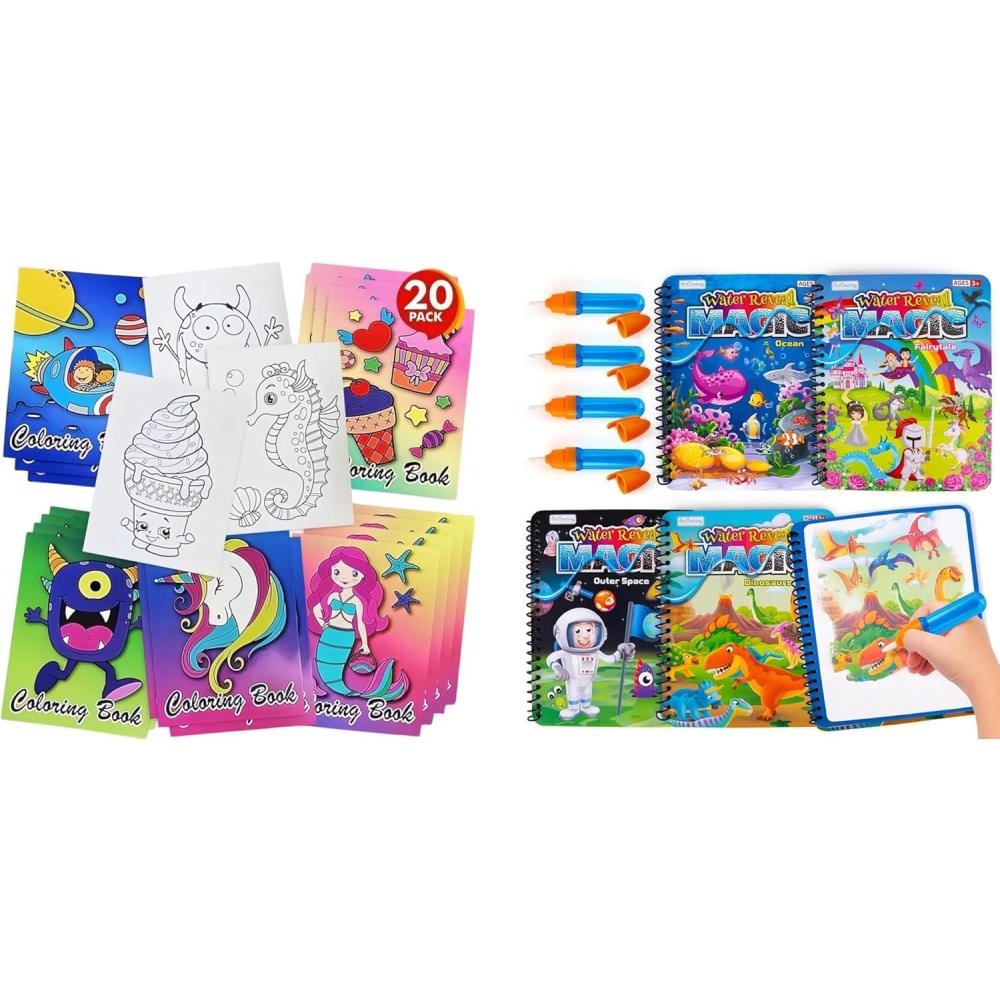 image:imageArtCreativity Assorted Mini Coloring Books Bulk Pack of 20 Small Color Booklets in 5 Designs amp 4 Pack Magic Water Coloring Books for Toddlers Reusable Magic Water Pen Coloring Book Set for Kids