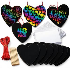 ArtCreativity 48 Pack Scratch Off Valentine Cards for Kids Classroom, Set of 48 Valentine Cards Ink-Free Scratch Off Hearts with Sticks, Red String, and Envelopes, Valentines Crafts