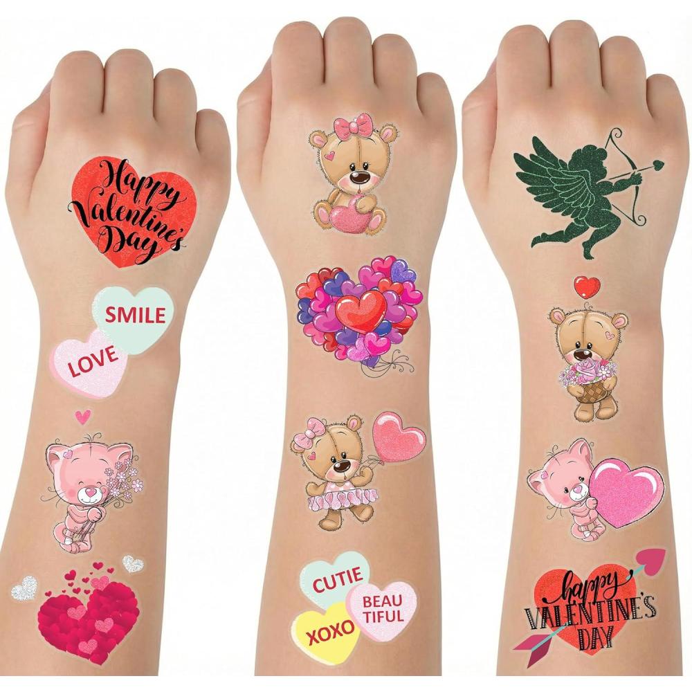 image:imageArtCreativity Individual Valentines Glitter Tattoos for Kids  144 Pack 2 Inch NonToxic PreCut Valentines Day Temporary Tattoo Party Favors in 12 Cute Designs  Valentine Gifts for Kids Classroom