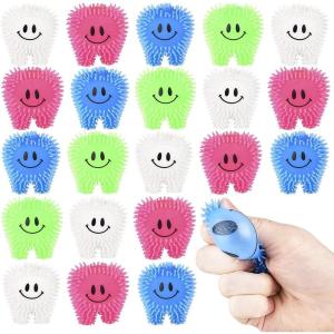 ArtCreativity Mini Tooth Puffers, Set of 24, Squeezy Toys for Kids with Soft Spikes, Sensory Fidget Toys for Stress Relief in Assorted Colors, Goodie Bag Stuffers, and Dentist Office Giveaways